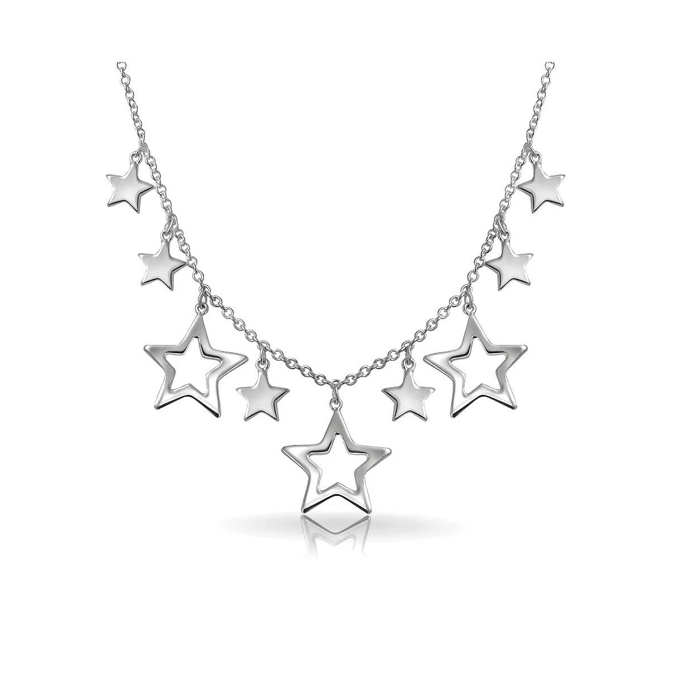 Bling Jewelry Celestial Usa Patriotic Multi Stars American Rock Open Dangle Star Bib Statement Collarbone Necklace For Women .925 Sterling Silver