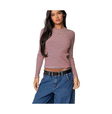 Edikted Women's Corina Ribbed Stripey Long Sleeve T Shirt