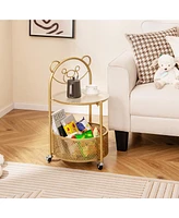 Gymax 2-Tier Mobile Glass Coffee Table w/ Bear Pattern Storage Basket Transparent & Golden