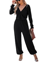 Cupshe Women's Black Ribbed Knit Long Sleeve Tapered Leg Jumpsuit