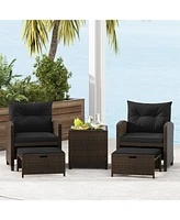 5 Pcs Patio Rattan Furniture with 2 Wicker Ottomans & Tempered Glass Coffee Table