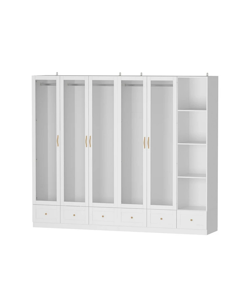 Famapy White Wood Glass Doors Armoires Wardrobe with Drawers, Open Shelves