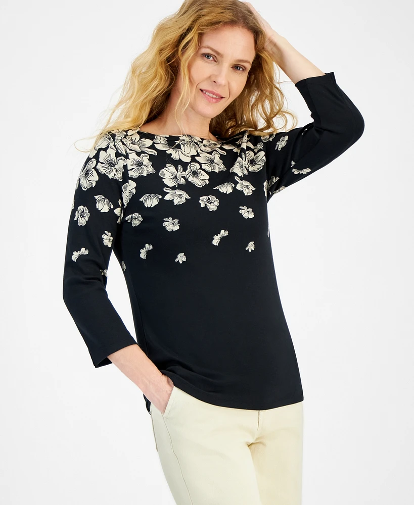 Style & Co Women's Printed Pima Cotton 3/4-Sleeve Top, Created for Macy's