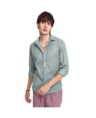 Men's Sea Green Ribbed-Striped Shirt