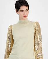 T Tahari Women's Mock-Neck Sheer Sequined-Sleeve Top