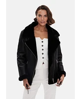 Furniq Uk Women's Biker Jacket, Silky Black Shearling with Wool