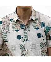 Campus Sutra Men's Forest Green & Bone Beige Abstract Seersucker Shirt