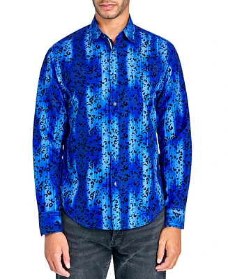 Society of Threads Men's Long Sleeve Button-Front Flocked Animal Print Performance Shirt