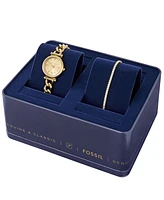 Fossil Women's Carlie Three-Hand Gold-Tone Stainless Steel Watch and Bracelet Set, 28mm