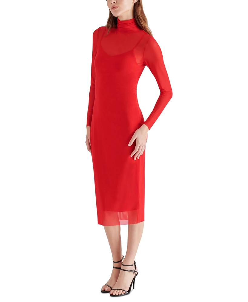 Steve Madden Women's Vivienne Mesh Long-Sleeve Midi Dress