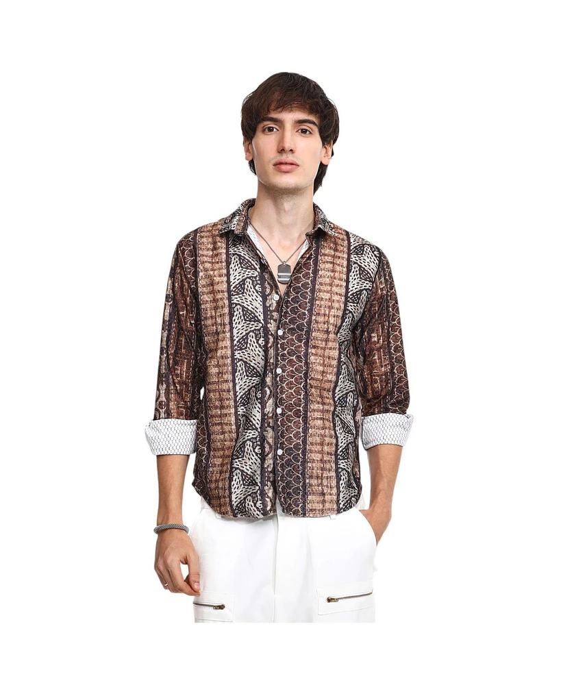 Campus Sutra Men's Chocolate Brown Folk Print Shirt