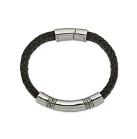 Chisel Stainless Steel Antiqued and Braided Black Leather Id Bracelet