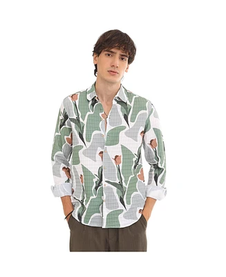 Campus Sutra Men's Pistachio Green & Ash Grey Abstract Tulip Shirt