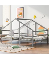 Slickblue Double Twin Triangular House Beds with Built-In Table for Kids' Room