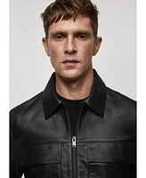 Mango Men's Pockets Detail Leather Jacket