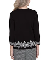 Alfred Dunner Petite Runway Ready Diamond-Border Crewneck Sweater With Necklace