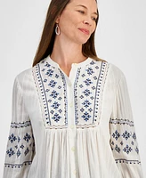Style & Co Petite Embroidered Button-Front Long-Sleeve Top, Created for Macy's