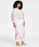 Charter Club Plus 100% Linen Embroidered Cropped Pants, Exclusively at Macy's