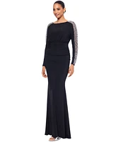 Betsy & Adam Women's Beaded-Sleeve Ruched Gown