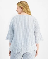 Charter Club Plus Linen 3/4-Sleeve Striped Top, Exclusively at Macy's