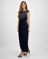 Connected Women's Soutache Lace Cap-Sleeve Faux-Wrap Gown