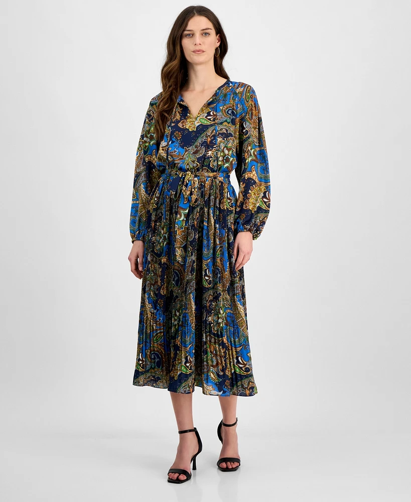 T Tahari Women's Printed Long-Sleeve Fit & Flare Dress