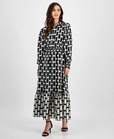 T Tahari Women's Border-Print Smocked-Waist Maxi Dress