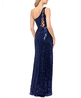 Blondie Nites Juniors' Sequined Lace One-Shoulder Gown