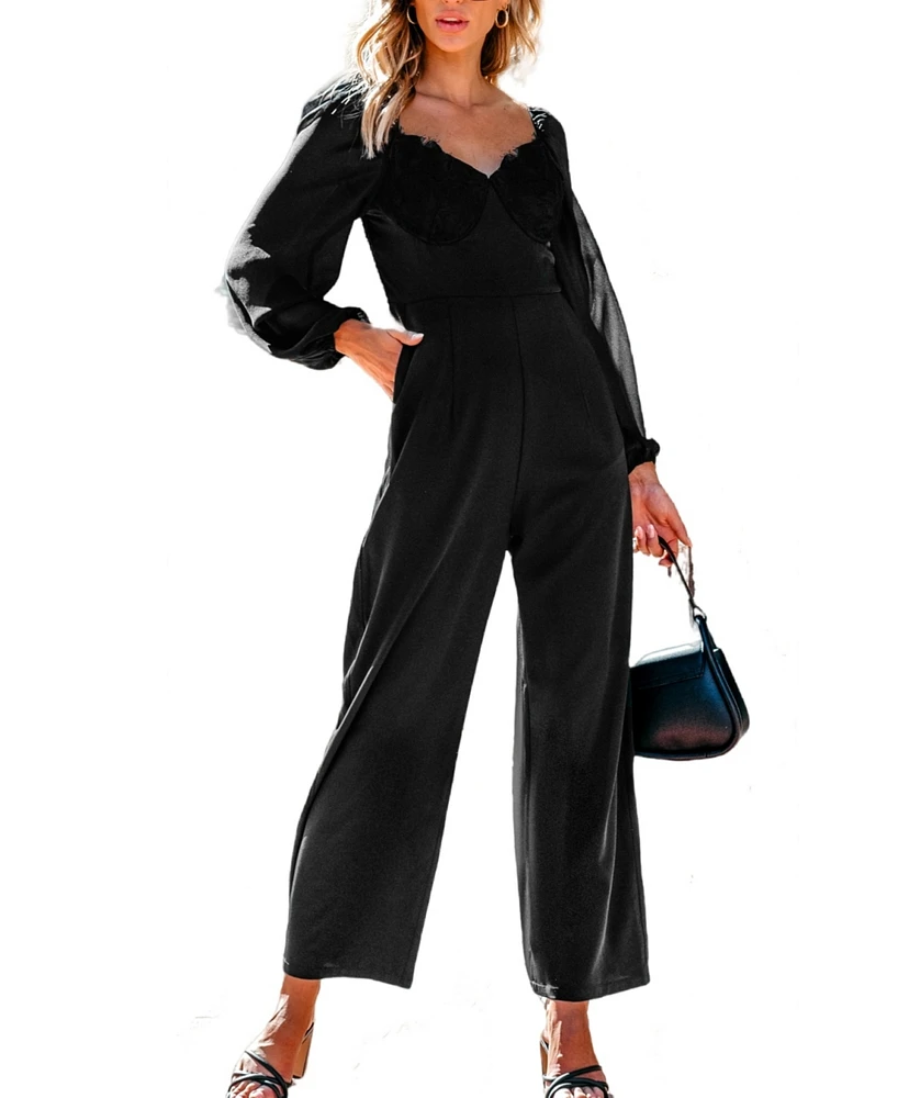 Cupshe Women's Black Lace Trim Diamond Neck Wide Leg Jumpsuit