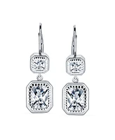 Bling Jewelry Deco Style Cubic Zirconia Cz Halo Emerald Cut Cz Lever back Drop Earrings For Women .925 Sterling Silver