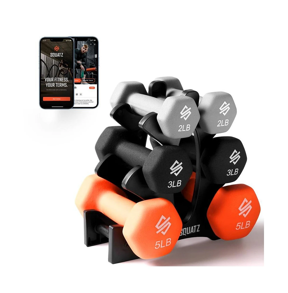 Squatz Neoprene Dumbbell Set With Stand, 20 lb Total Weight