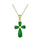 Bling Jewelry Small Timeless Fashion Cabochons Natural Green Jade Cross Pendant Necklace For Women Gold Plated .925 Sterling Silver With Chain