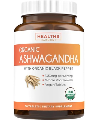 Healths Harmony Usda Organic Ashwagandha Tablets, 1350mg Ashwaganda Root Powder, Natural Adrenal Support, Cortisol, Thyroid & Immune Support, Health's