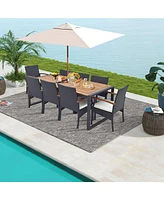 Costway 9 Pieces Patio Rattan Dining Set with Acacia Wood Table, 1.9" Umbrella Hole