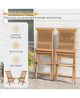 Costway 3PCS Patio Bistro Set Square Table Teak Wood Folding Chair Slatted Tabletop Seat
