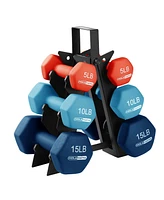 HolaHatha 5, 10, and 15 Pound Neoprene Dumbbell Weight Set with Storage Rack