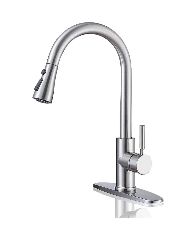 Skonyon 1.8 Gpm Brushed Nickel Kitchen Faucet with Pull Down Sprayer, High Arc Single Handle Stainless Steel Sink Faucets 1 or 3 Hole