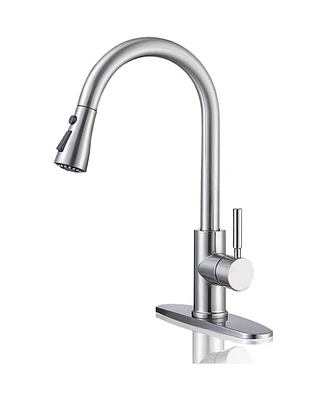 Skonyon 1.8 Gpm Brushed Nickel Kitchen Faucet with Pull Down Sprayer, High Arc Single Handle Stainless Steel Sink Faucets 1 or 3 Hole