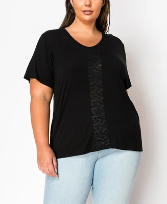 Coin 1804 Plus Size Lace Inset V-Neck Short Sleeve Top