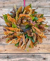 GreenishBlu Real Wreath Fresh Magnolia, Preserved Baby Blue Eucalyptus, Dried Sorgum, Real Cinnamon and Dehydrated Orange Slices, 22"