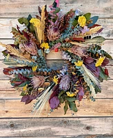 GreenishBlu Real Preserved Wreath Salal Brown, Red, Wheat, Sorghum, Dried Pink Ice Protea Flower, Baby Blue Eucalyptus and Yellow Yarrow, 22"