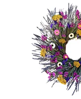 GreenishBlu Real Preserved Wreath Long Lasting, Colorful Dried Paper Daisy, Yellow Yarrow and Dried Lavender, 22"