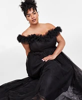 City Studios Trendy Plus Tulle-Trim Off-The-Shoulder Gown, Created for Macy's