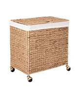 Seville Classics Double Handwoven Lidded Rolling Laundry Hamper with Gold Sphere Casters