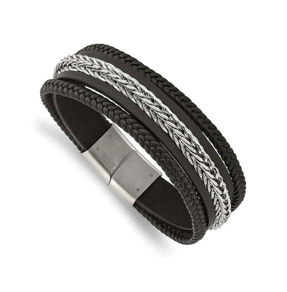 Chisel Stainless Steel Polished Multi Strand Black Leather Bracelet