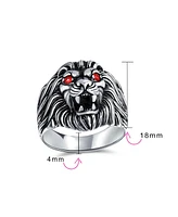 Bling Jewelry Red Crystal Eyes Roaring King Of Jungle Lion Ring Solid Oxidized .925 Sterling Silver