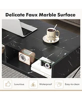 Gymax High-gloss Led Coffee Table w/ Faux Marble & Tempered Glass Top 4 Storage Cubes White
