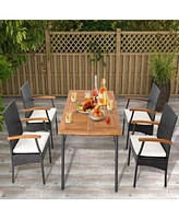 Costway 2PCS Patio Pe Wicker Chairs Acacia Wood Armrests with Soft Zippered Cushion Balcony