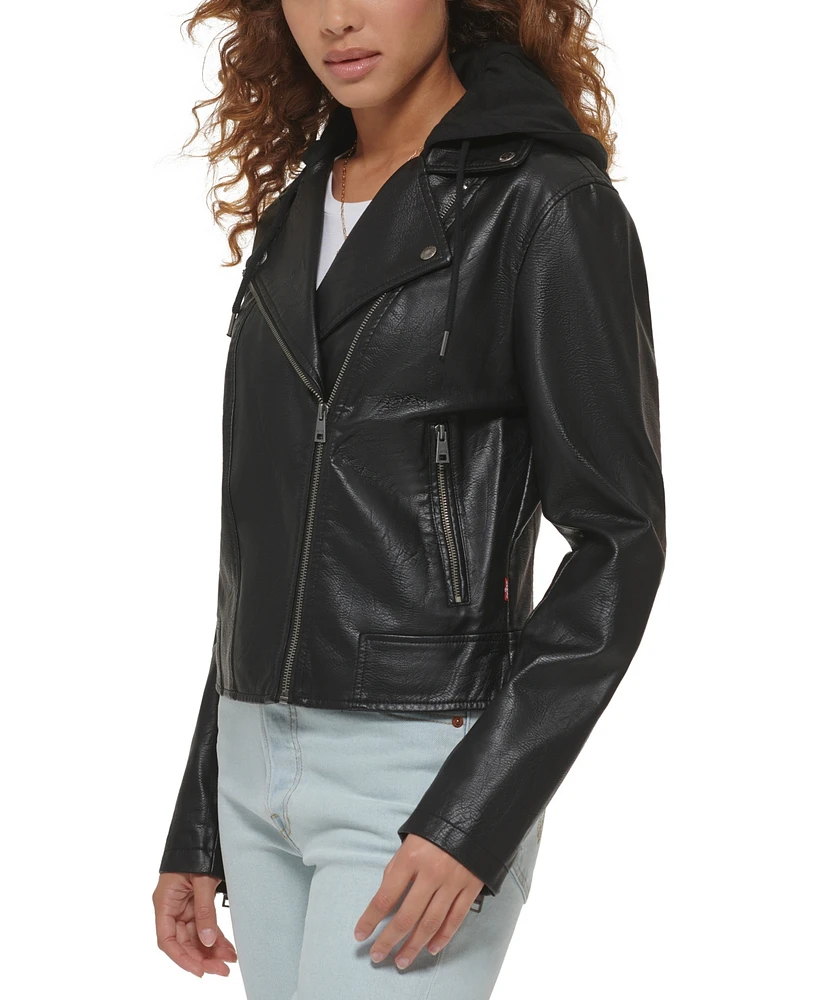 Levi's Women's Faux Leather Moto Jacket with Jersey Hood