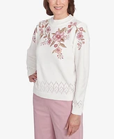 Alfred Dunner Petite Telluride Floral Embroidered White Chenille Sweater